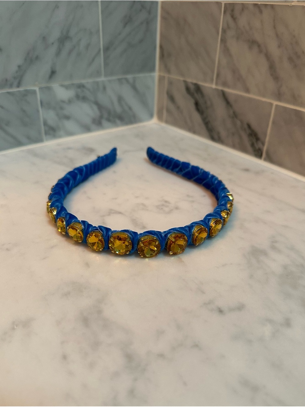 Blue Braided Headband with Amber Rhinestones